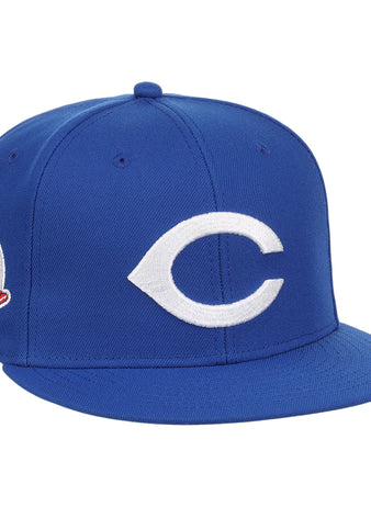 The Columbus Jets EFF MiLB Vintage Snapback by Ebbets Field Flannels is a blue hat with a large white “C” on the front and a side patch featuring a red cardinal holding a bat, inspired by vintage minor league designs.