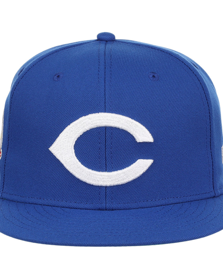 The Columbus Jets EFF MiLB Vintage Snapback by Ebbets Field Flannels is a blue cap with a large white C on the front, flat brim, and crown stitching inspired by classic International League pennant style.