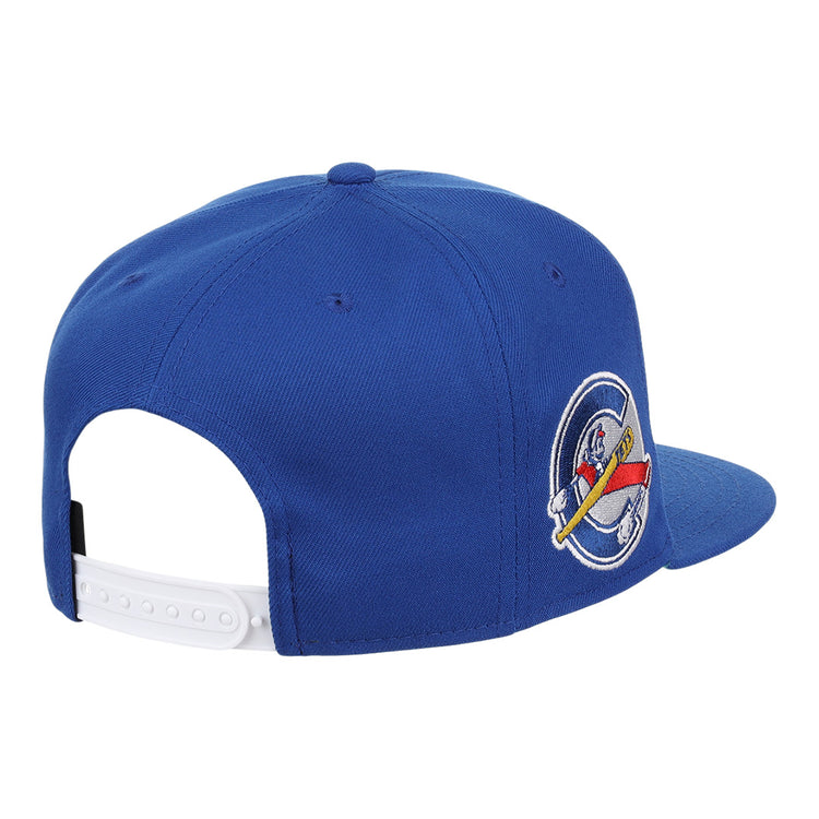 The Columbus Jets EFF MiLB Vintage Snapback by Ebbets Field Flannels features a blue design, white adjustable strap, and a circular embroidered rodent logo—a modern take on the classic Columbus Jets hat—shown from a rear three-quarter angle.
