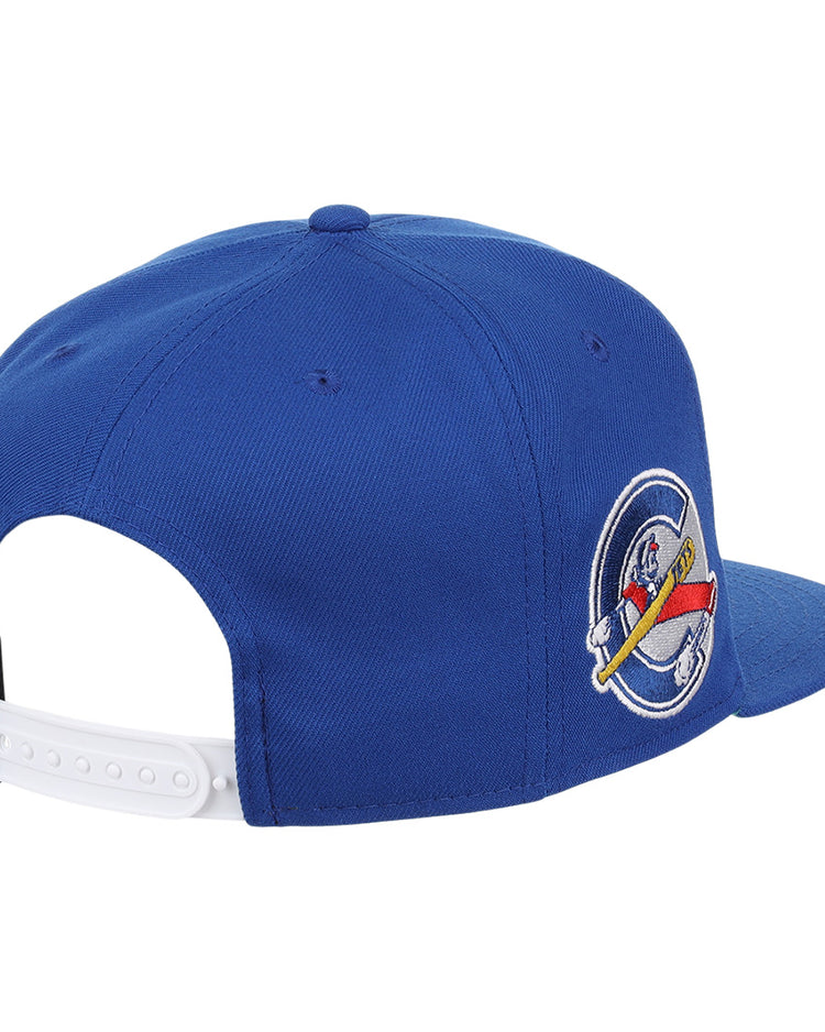 The Columbus Jets EFF MiLB Vintage Snapback by Ebbets Field Flannels features a blue design, white adjustable strap, and a circular embroidered rodent logo—a modern take on the classic Columbus Jets hat—shown from a rear three-quarter angle.