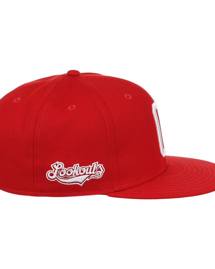 The Ebbets Field Flannels Chattanooga Lookouts EFF MiLB Vintage Snapback features a red design, white Lookouts script embroidered on the side, flat brim, and adjustable snapback closure—all shown from the left.