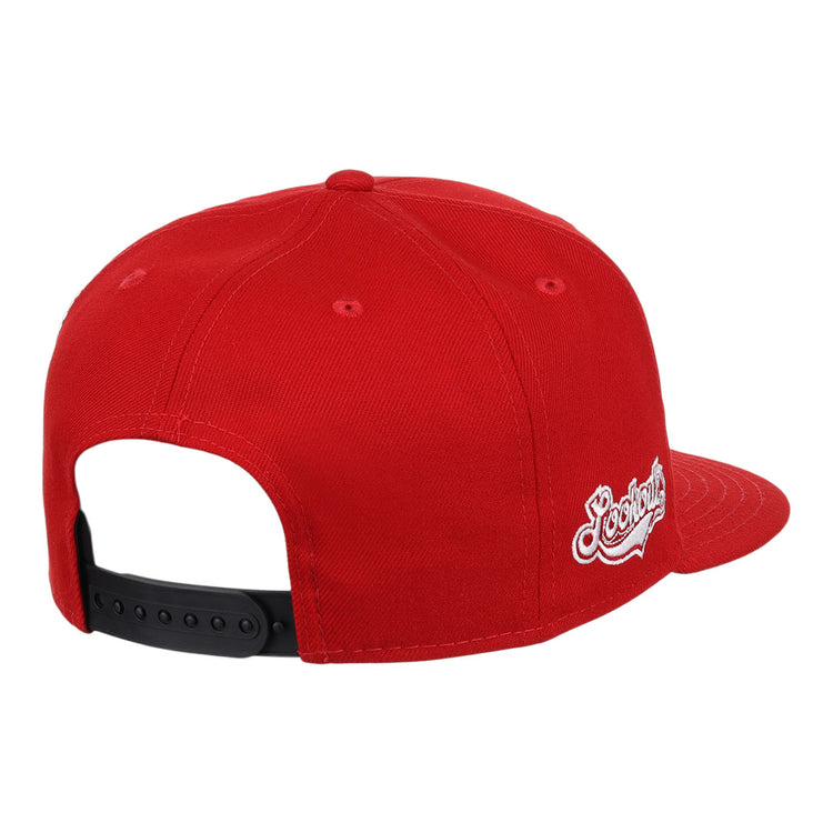 The Chattanooga Lookouts EFF MiLB Vintage Snapback by Ebbets Field Flannels features a red design with a black adjustable snapback and white embroidered side text, shown from the rear.