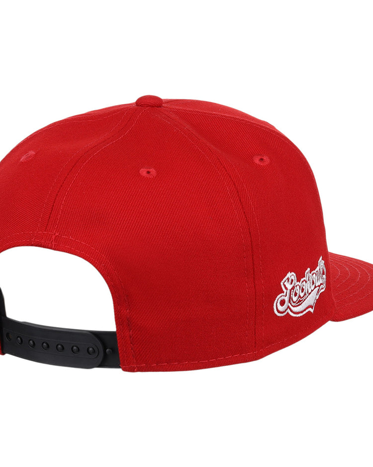The Chattanooga Lookouts EFF MiLB Vintage Snapback by Ebbets Field Flannels features a red design with a black adjustable snapback and white embroidered side text, shown from the rear.