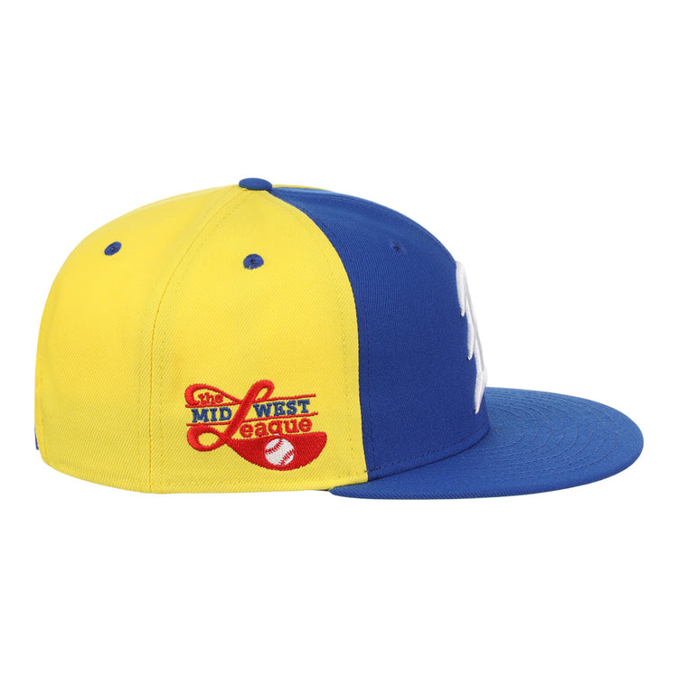The Ebbets Field Flannels Burlington Bees EFF MiLB Vintage Snapback features yellow and blue panels, a blue brim, and an embroidered Midwest League logo with a red baseball on the side.