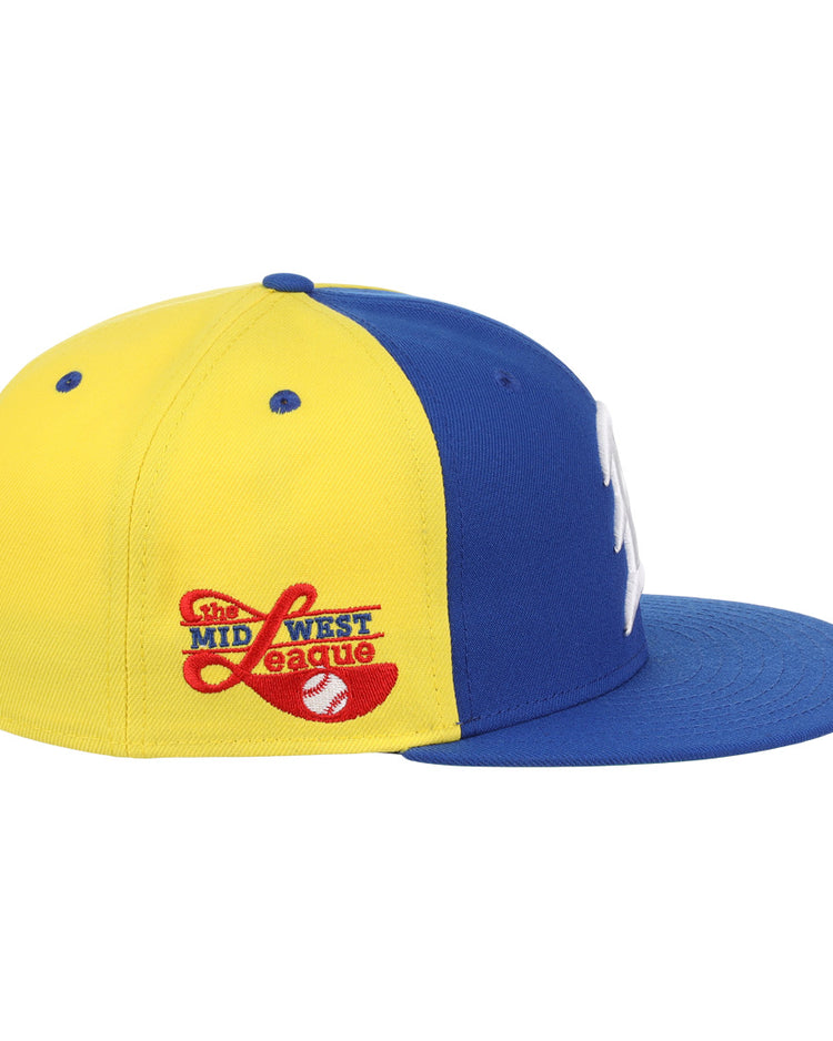 The Ebbets Field Flannels Burlington Bees EFF MiLB Vintage Snapback features yellow and blue panels, a blue brim, and an embroidered Midwest League logo with a red baseball on the side.
