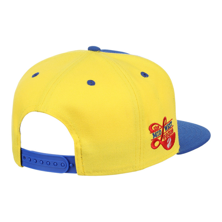 The Burlington Bees EFF MiLB Vintage Snapback by Ebbets Field Flannels is a yellow and blue cap with a blue brim and eyelets, red and blue embroidered side text, plus a visible snapback closure at the back.