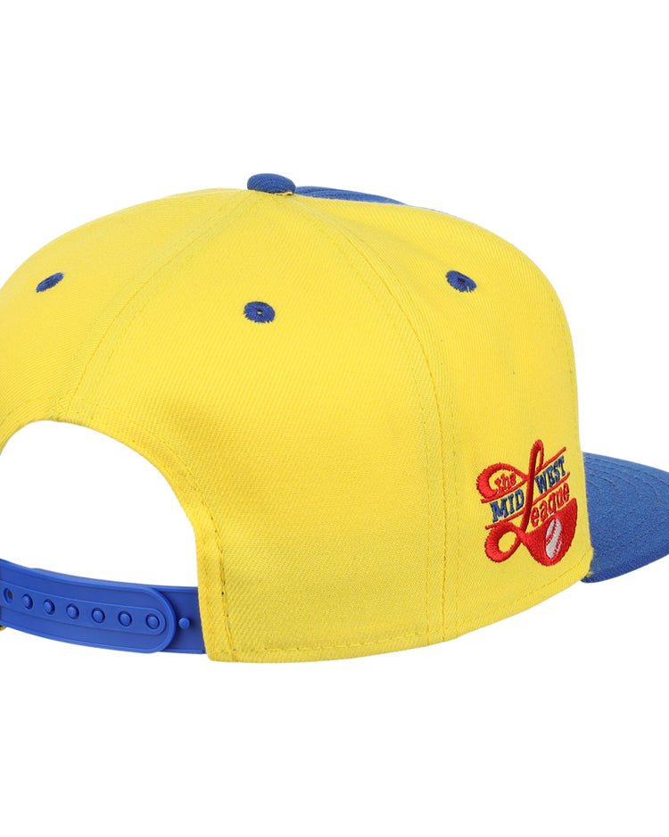 The Burlington Bees EFF MiLB Vintage Snapback by Ebbets Field Flannels is a yellow and blue cap with a blue brim and eyelets, red and blue embroidered side text, plus a visible snapback closure at the back.