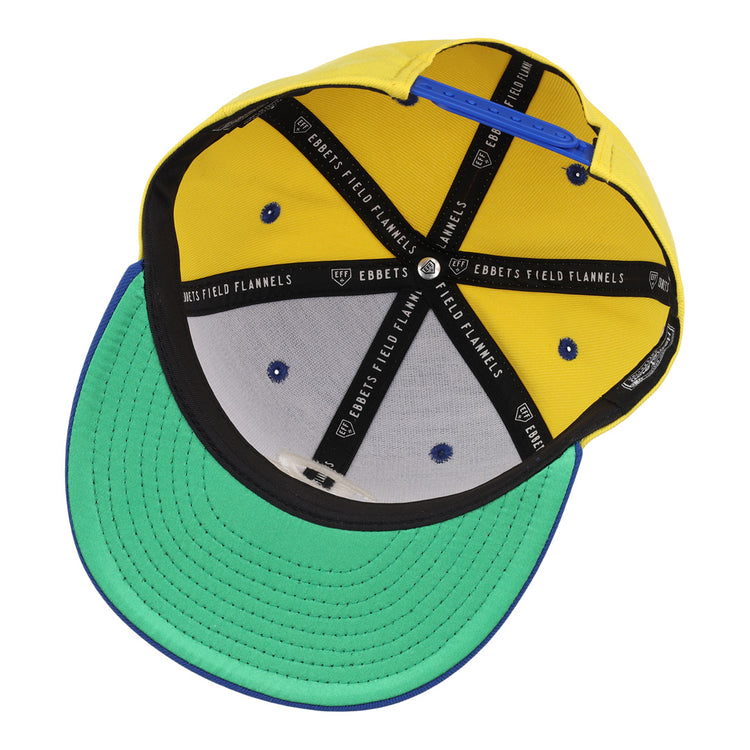 Inside view of the Burlington Bees EFF MiLB Vintage Snapback by Ebbets Field Flannels, featuring a yellow crown, green brim, blue accents, black sweatband, and branded inner seams from their Vintage Minor League collection.