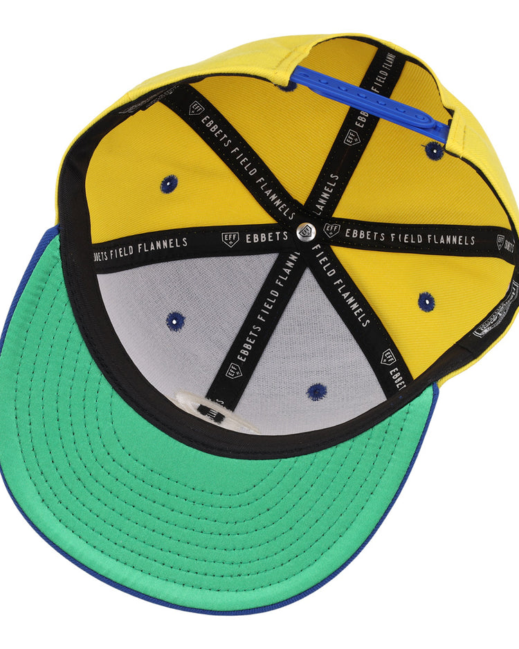 Inside view of the Burlington Bees EFF MiLB Vintage Snapback by Ebbets Field Flannels, featuring a yellow crown, green brim, blue accents, black sweatband, and branded inner seams from their Vintage Minor League collection.