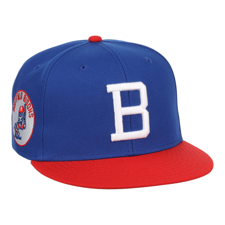 The Buffalo Bisons EFF MiLB Vintage Snapback by Ebbets Field Flannels features a blue crown, red brim, white “B” front logo, and bison side patch—an adjustable hat celebrating classic style from the Vintage Minor League collection.