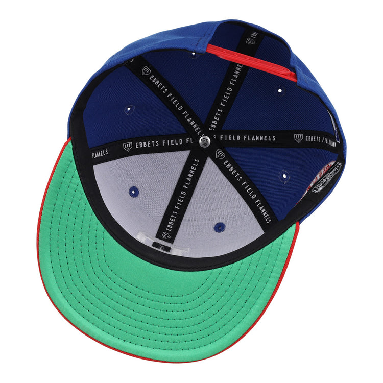 The Buffalo Bisons EFF MiLB Vintage Snapback by Ebbets Field Flannels features a green brim, blue panels, black sweatband, EBBETS FIELD FLANNELS bands, and a snapback closure with red trim on the edge.