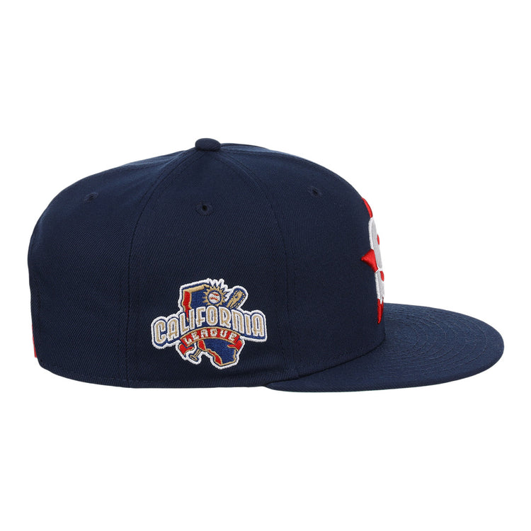 The Ebbets Field Flannels San Bernardino Spirit EFF MiLB Vintage Snapback is a navy blue cap with a flat brim and embroidered California League bear and star patch—a must-have for vintage minor league fans.