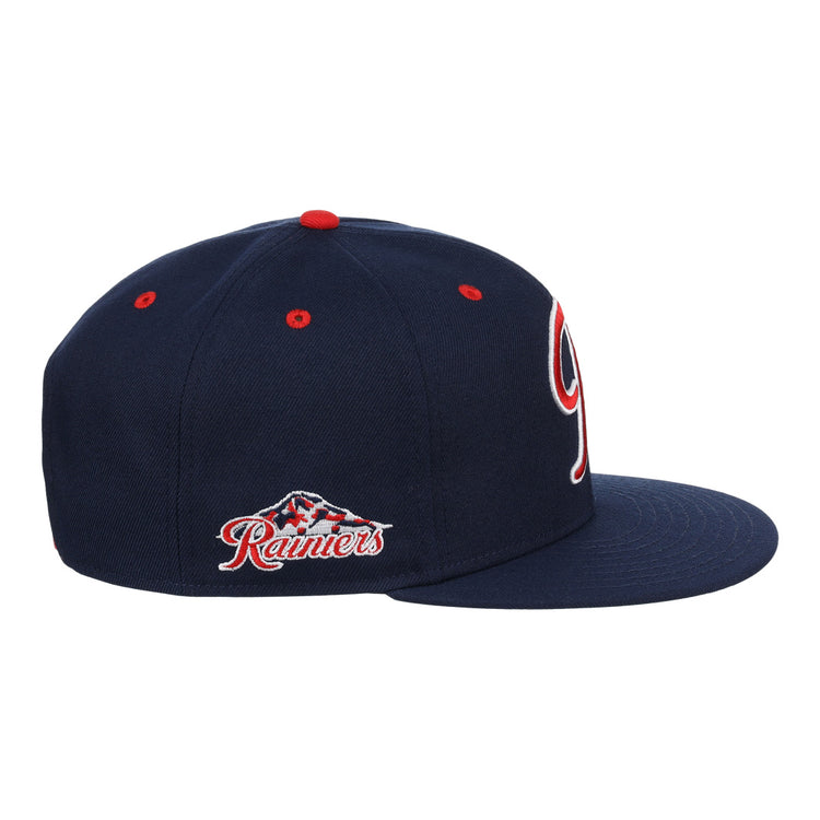 Navy blue Seattle Rainiers EFF MiLB Vintage Snapback by Ebbets Field Flannels, with red and white “Rainiers” embroidery, mountain side logo, and red accents. Part of the Vintage Minor League Pacific Coast League collection.