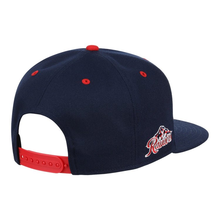 The Seattle Rainiers EFF MiLB Vintage Snapback by Ebbets Field Flannels features navy blue with red accents, an adjustable red strap, and a side Rainiers logo. Part of the Vintage Minor League collection, shown from back and side.