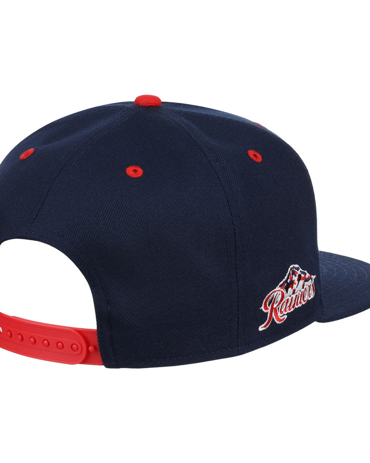 The Seattle Rainiers EFF MiLB Vintage Snapback by Ebbets Field Flannels features navy blue with red accents, an adjustable red strap, and a side Rainiers logo. Part of the Vintage Minor League collection, shown from back and side.