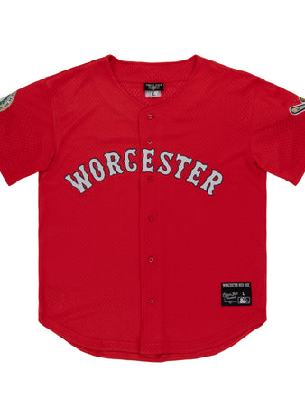 The EFF Worcester Red Sox MiLB Button Down Jersey features a red design inspired by Negro League jerseys, gray Worcester across the chest, black front buttons, and patches on the sleeves and lower left hem.