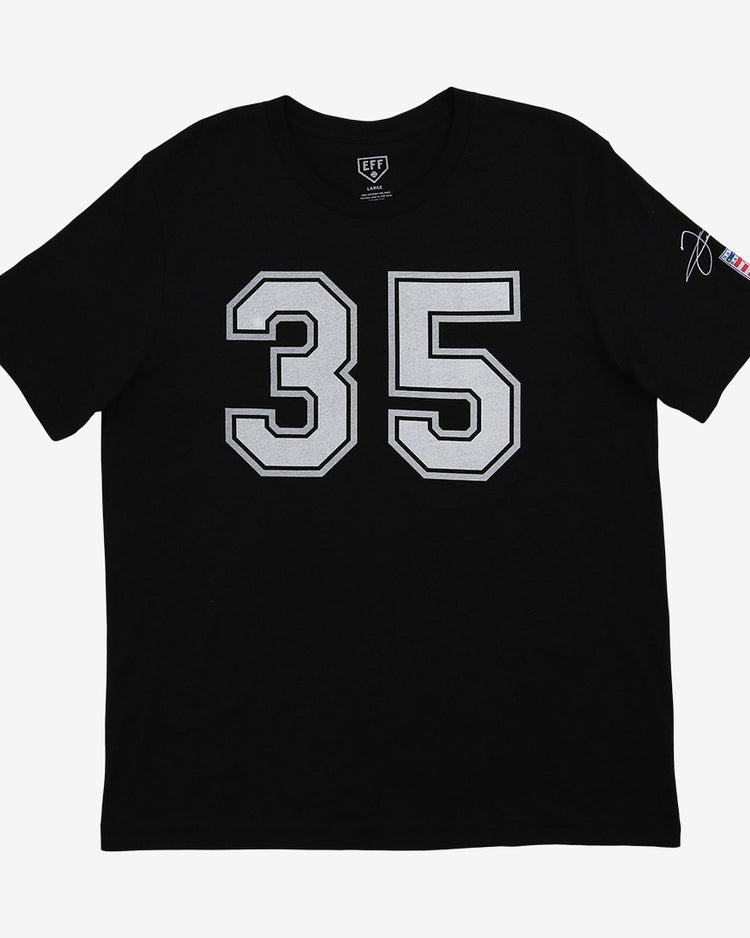 The Ebbets Field Flannels Frank Thomas Hall of Fame T-Shirt—black with large white 35 on the front—features a signature and colorful patch graphic on the left sleeve, inspired by Chicago White Sox legend Frank Thomas.