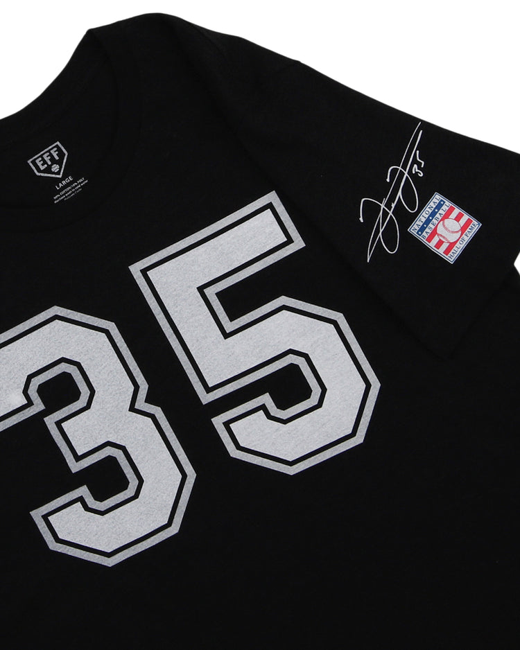 The Frank Thomas Hall of Fame T-Shirt in black by Ebbets Field Flannels features a large white 35, signature, HOF patch with an American flag on the sleeve—ideal for fans of the legendary Chicago White Sox slugger.