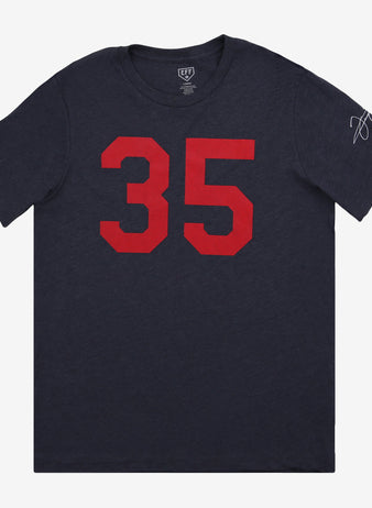 The Ebbets Field Flannels Frank Thomas Hall of Fame T-Shirt in navy features a bold red 35 on the front, honoring the White Sox legend, with his signature and an American flag patch on the left sleeve.