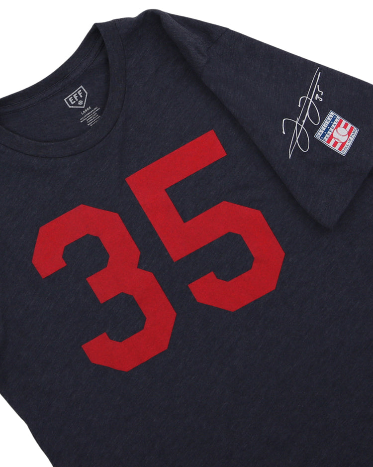 The Ebbets Field Flannels Frank Thomas Hall of Fame T-Shirt - Navy features a bold red number 35 on the front, inspired by the Chicago White Sox legend, plus a signature patch and a logo with red and blue accents on the left sleeve.