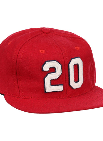 The Lou Brock Signature Series Ballcap by Ebbets Field Flannels is a vintage red wool flat-brim cap, featuring the number 20 in white with black outline on the front—a timeless tribute to the Hall of Famer.