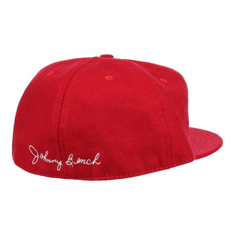 The Johnny Bench Signature Series Ballcap by Ebbets Field Flannels is a bright red vintage wool cap with a flat brim and white cursive Johnny Bench signature embroidered on the back left, featuring no front logos.