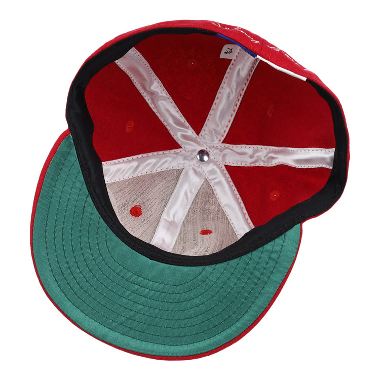 The underside of the Johnny Bench Signature Series Ballcap by Ebbets Field Flannels features a green brim, interior stitching, white support bands, and a metal center button—evoking classic ballcaps of legendary Hall of Fame players.