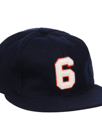 The Ebbets Field Flannels Al Kaline Signature Series Ballcap is a navy wool vintage cap with a white and red embroidered number 6 on the front, inspired by Al Kaline’s iconic style.