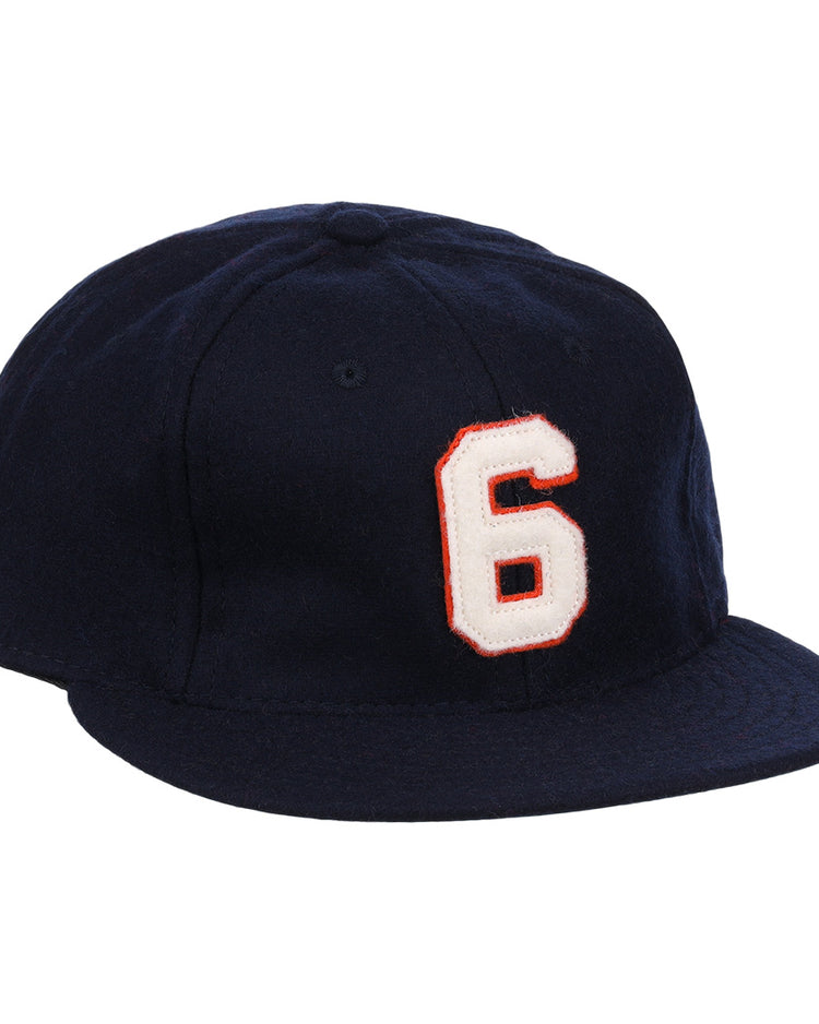 The Ebbets Field Flannels Al Kaline Signature Series Ballcap is a navy wool vintage cap with a white and red embroidered number 6 on the front, inspired by Al Kaline’s iconic style.