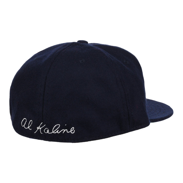 The Al Kaline Signature Series Ballcap by Ebbets Field Flannels is a navy vintage wool cap, shown from the back left, with Al Kaline’s signature embroidered in white cursive near the edge.