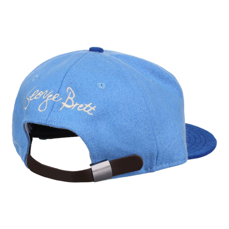 The George Brett Signature Series Ballcap by Ebbets Field Flannels is a light blue vintage wool hat with white embroidered George Brett on the back and an adjustable strap—honoring the National Baseball Hall of Fame legend.