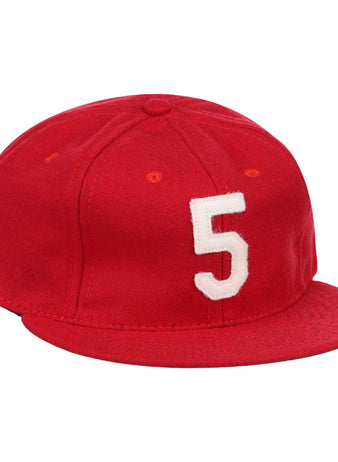The Johnny Bench Signature Series Ballcap by Ebbets Field Flannels is a vintage red wool cap featuring a white number 5 on the front, inspired by the Hall of Fame catchers iconic style.
