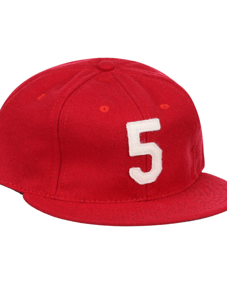 The Johnny Bench Signature Series Ballcap by Ebbets Field Flannels is a vintage red wool cap featuring a white number 5 on the front, inspired by the Hall of Fame catchers iconic style.