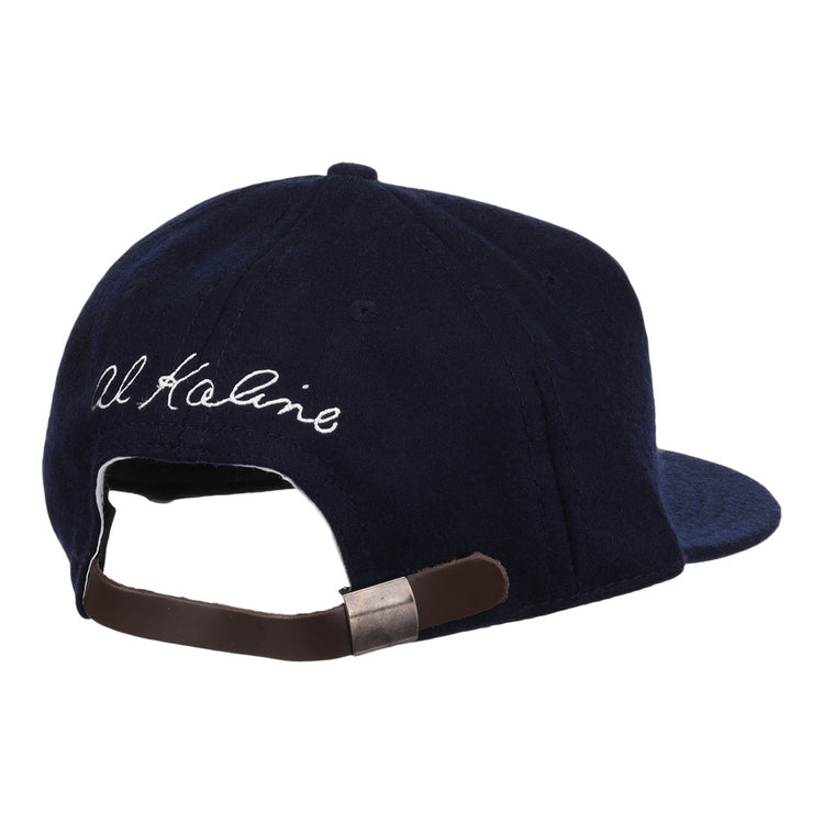 The Al Kaline Signature Series Ballcap by Ebbets Field Flannels is a navy vintage wool cap seen from the back, featuring white cursive embroidery and an adjustable brown leather strap with metal clasp.