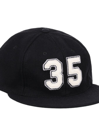The Frank Thomas Signature Series Ballcap by Ebbets Field Flannels is a black vintage wool cap with a bold white 35 on the front—ideal for National Baseball Hall of Fame fans.