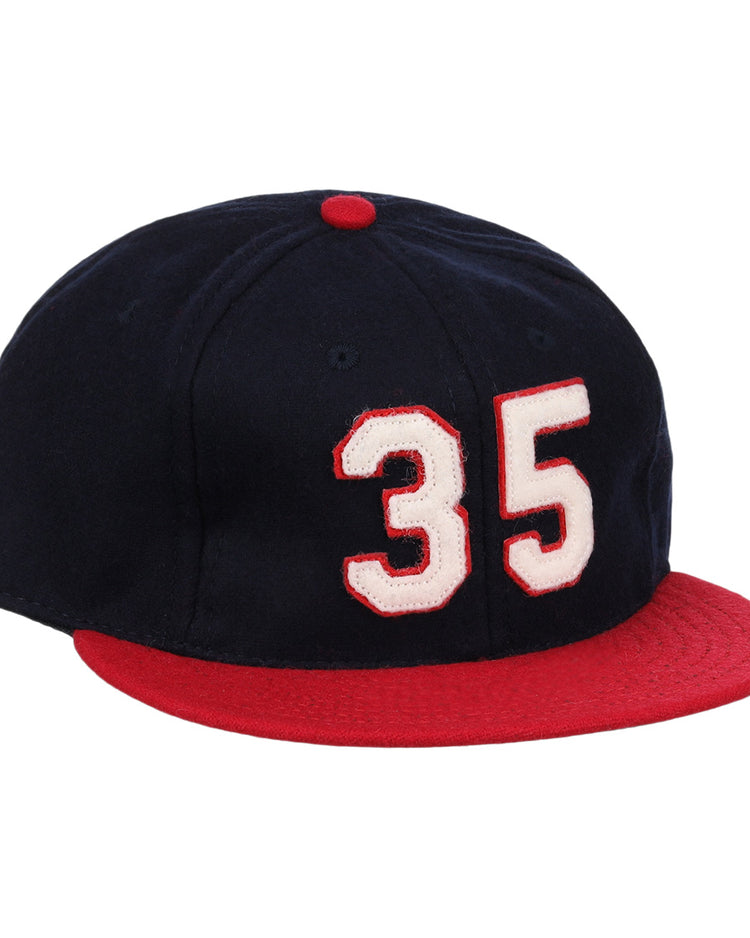 The Ebbets Field Flannels Frank Thomas Signature Series Ballcap – Navy features vintage wool, a red brim and button, and white “35” with red trim on the front, honoring Chicago White Sox legend Frank Thomas.