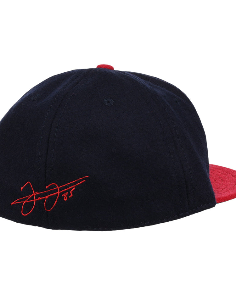 The Frank Thomas Signature Series Ballcap - Navy by Ebbets Field Flannels features a navy wool body, red brim and button, with a red embroidered signature and number 35—ideal for Chicago White Sox and Frank Thomas fans.