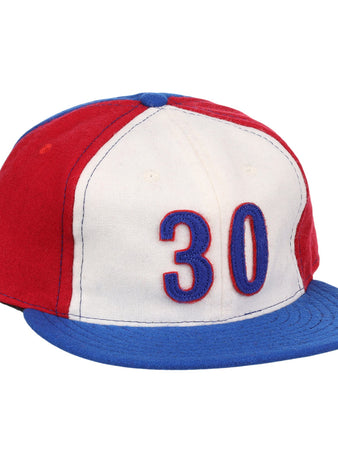 The Tim Raines Signature Series Ballcap by Ebbets Field Flannels is a vintage wool cap in red, white, and blue with 30 on the front and a blue brim—classic style perfect for National Baseball Hall of Fame fans.