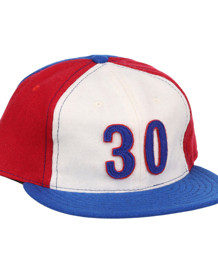 The Tim Raines Signature Series Ballcap by Ebbets Field Flannels is a vintage wool cap in red, white, and blue with 30 on the front and a blue brim—classic style perfect for National Baseball Hall of Fame fans.