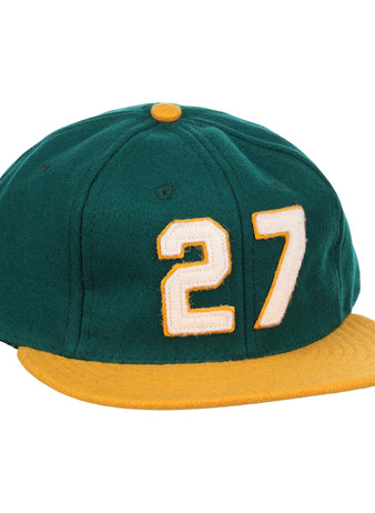 The Catfish Hunter Signature Series Ballcap by Ebbets Field Flannels is a green vintage wool cap with a yellow brim and button, featuring number 27 in white with yellow trim—an homage to National Baseball Hall of Fame legends.