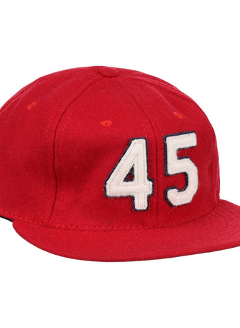 The Bob Gibson Signature Series Ballcap by Ebbets Field Flannels is a red flat-brim cap inspired by Gibson, featuring the number 45 in white with a black outline on the front.