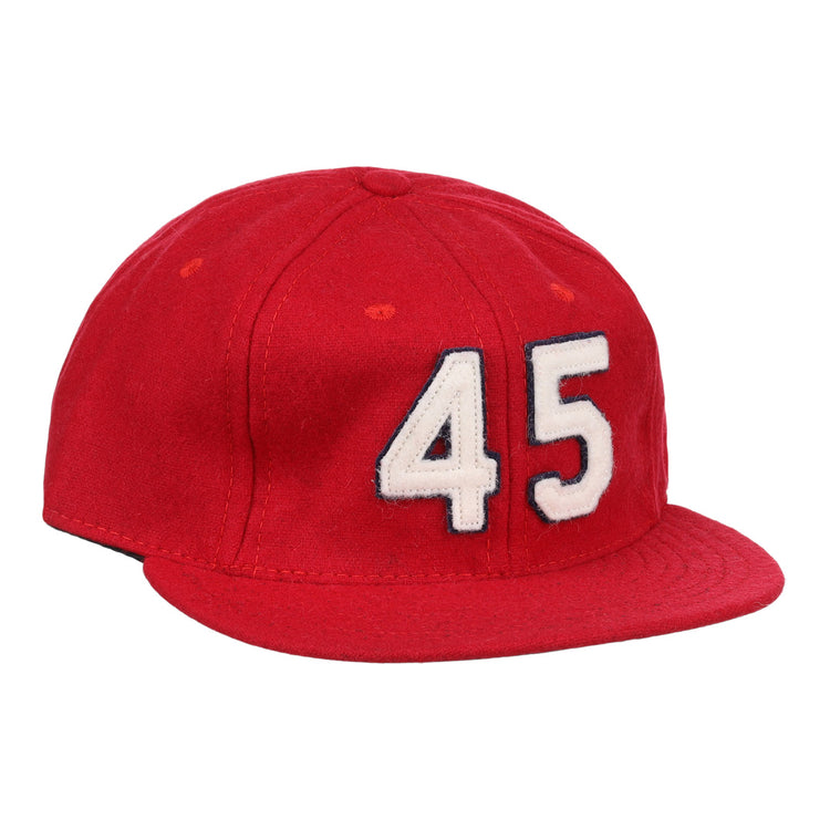 The Bob Gibson Signature Series Ballcap by Ebbets Field Flannels is a red flat-brim cap inspired by Gibson, featuring the number 45 in white with a black outline on the front.