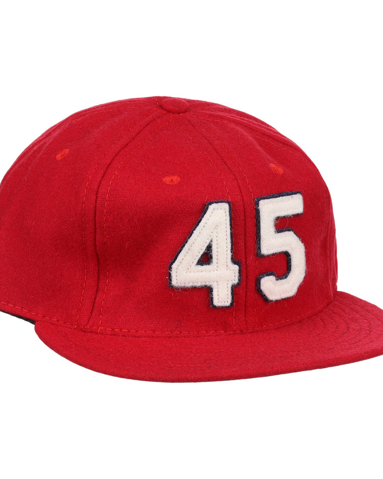 The Bob Gibson Signature Series Ballcap by Ebbets Field Flannels is a red flat-brim cap inspired by Gibson, featuring the number 45 in white with a black outline on the front.