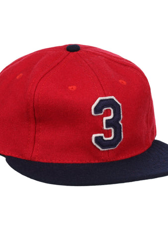 The Ebbets Field Flannels Harmon Killebrew Signature Series Ballcap is a vintage-style red wool cap with a dark blue brim and a bold white and blue number 3, inspired by classic Killebrew designs.