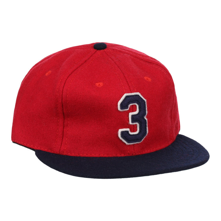 The Ebbets Field Flannels Harmon Killebrew Signature Series Ballcap is a vintage-style red wool cap with a dark blue brim and a bold white and blue number 3, inspired by classic Killebrew designs.