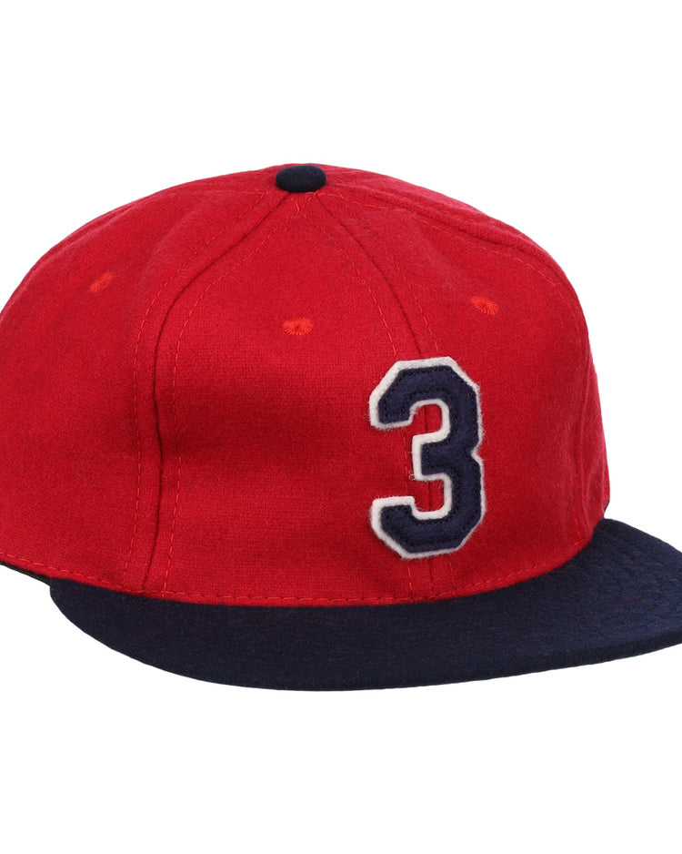 The Ebbets Field Flannels Harmon Killebrew Signature Series Ballcap is a vintage-style red wool cap with a dark blue brim and a bold white and blue number 3, inspired by classic Killebrew designs.