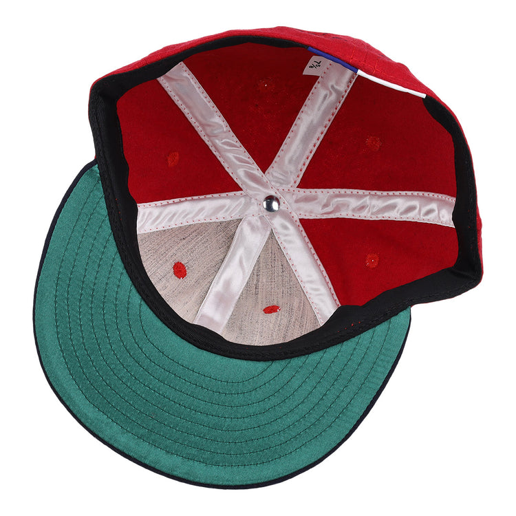 Inside view of the Ebbets Field Flannels Harmon Killebrew Signature Series Ballcap, featuring a vintage wool design with a green brim, white support seams, and a silver crown button.