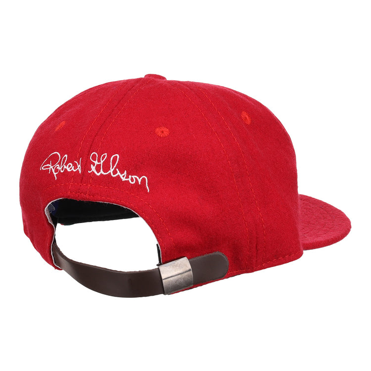 The Bob Gibson Signature Series Ballcap by Ebbets Field Flannels is a vintage red wool cap, seen from the back with white embroidery and an adjustable brown strap with metal buckle—perfect for National Baseball Hall of Fame fans.