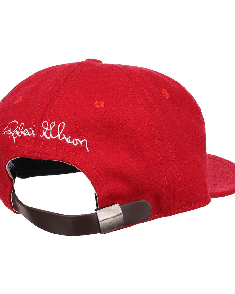 The Bob Gibson Signature Series Ballcap by Ebbets Field Flannels is a vintage red wool cap, seen from the back with white embroidery and an adjustable brown strap with metal buckle—perfect for National Baseball Hall of Fame fans.