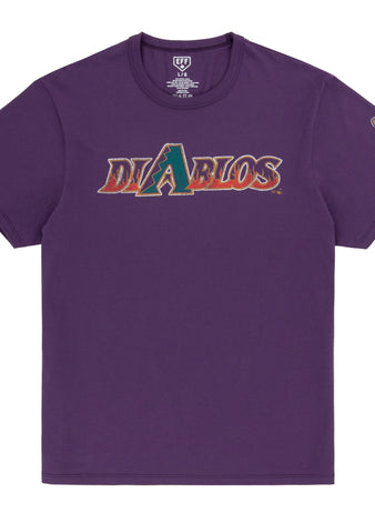 The Ebbets Field Flannels El Paso Diablos EFF MiLB Vintage T-Shirt is a purple premium cotton tee with Diablos in stylized chest text, a graphic logo as the letter A, and a colorful left sleeve patch inspired by vintage minor league shirts.